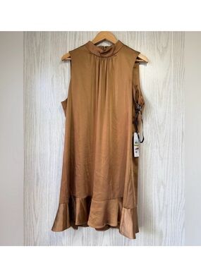Calvin Klein Ruched Bronze Satin Shift Dress Size 14 NWT